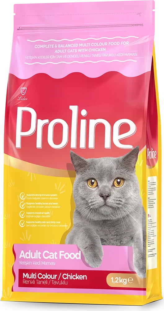 Renkli Taneli Tavuklu Yetişkin Kedi Maması ambalajı, arka