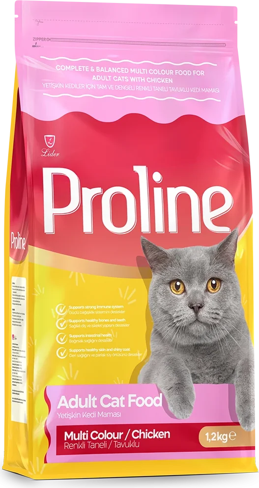 Renkli Taneli Tavuklu Yetişkin Kedi Maması ambalajı, ön